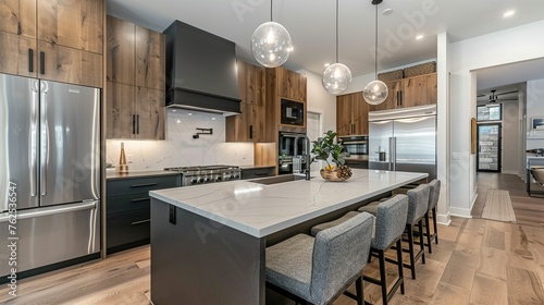 A stylish and functional kitchen design with a large island  a minimalist backsplash  and high-end appliances.