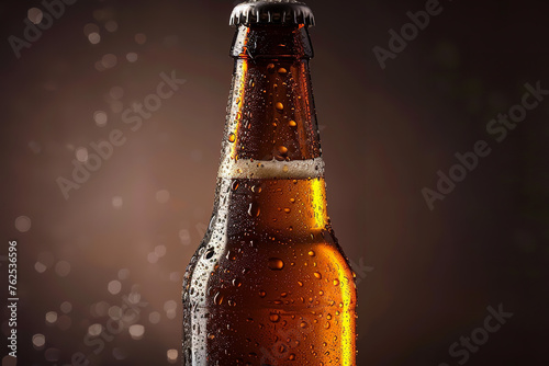 Professional food photography, uncapped wheat beer bottle with water droplets on it photo