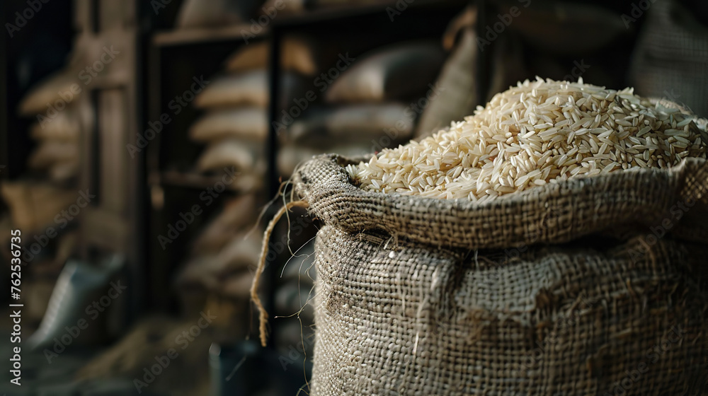 Rice standing in sack, close-up shot Rice standing in sack, close-up shot
