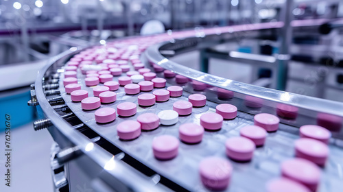 Tablets on a conveyor belt in a modern pharmaceutical plant