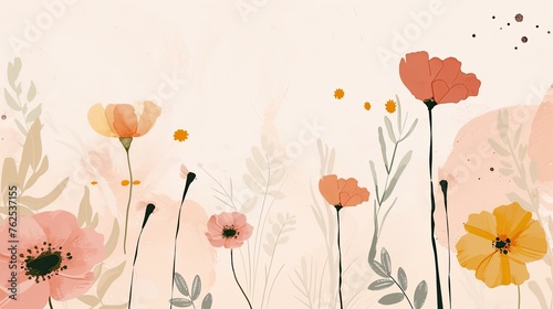 Abstract image of an minimalistic backdrop. Composition of flowers, greenery, petals, sloppy lines and dots on a white background. Beige colors, warm shades, art, flora. Generative by AI