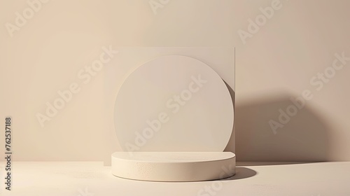 Abstract image of an empty beige room made in a flat style, minimalism. Steps, circle, semicircle, oval, square. Architecture, interior, lack of furniture, unusual design. Generative by AI
