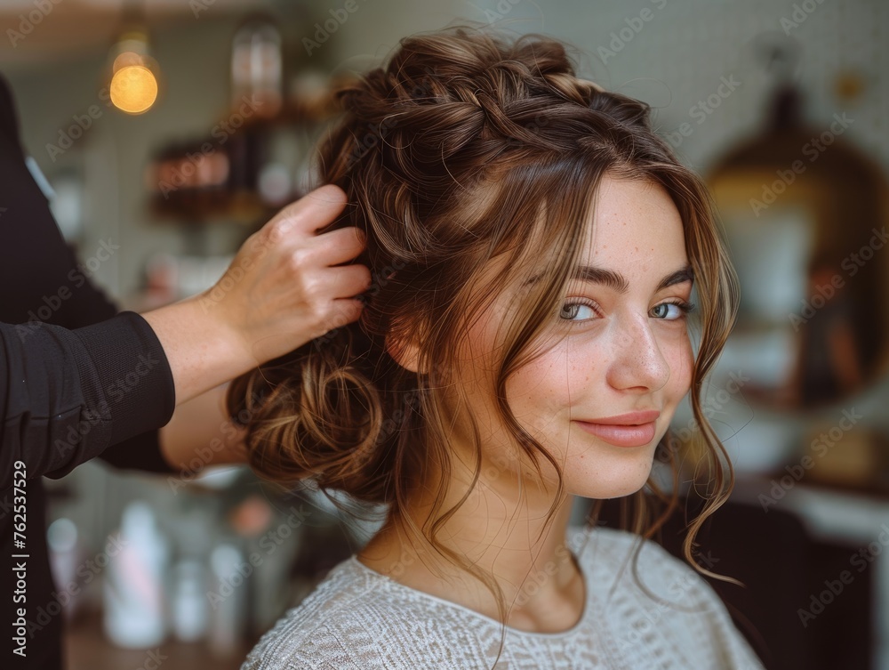 Fototapeta premium A hairstylist creating an hairstyle for a bride on her wedding day