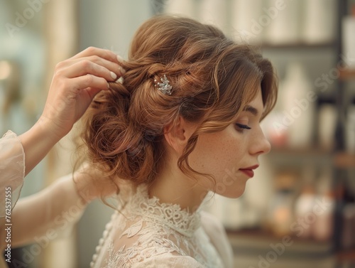 A hairstylist creating an hairstyle for a bride on her wedding day