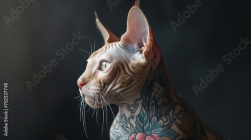 Sphynx Cat Adorned With Colorful Tattoos Looking Out a Window photo