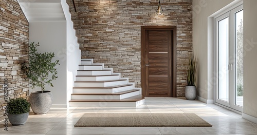 A Cozy Interior Design Featuring a Rustic Wooden Staircase and Stone Wall in a Modern Entrance Hall