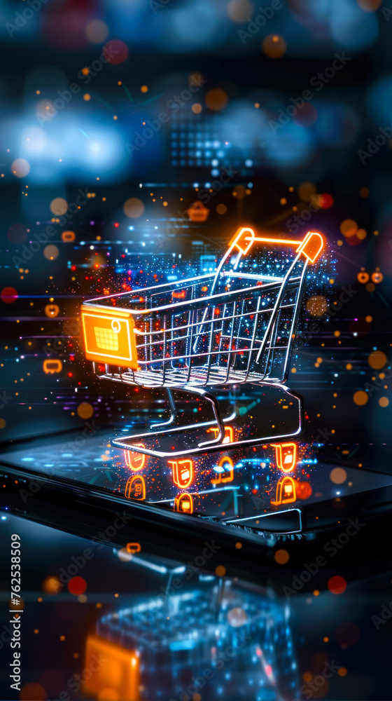 Consumer Engaging in Online Shopping with a Holographic Shopping Cart and Sale Icons Displayed Above Smartphone - obrazy, fototapety, plakaty 