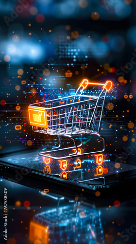 Consumer Engaging in Online Shopping with a Holographic Shopping Cart and Sale Icons Displayed Above Smartphone