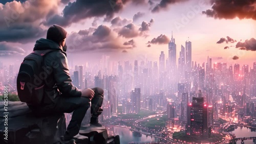 Man Sitting on Cliff Overlooking Cityscape, Serene and Majestic View, Visualize a skilled cyberpunk hacker operating within a futuristic landscape, AI Generated