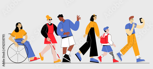 A group of multiracial people with various disabilities. Vector flat illustration of a person in a wheelchair, a blind person with a guide, a deaf person, a character with a prosthesis.