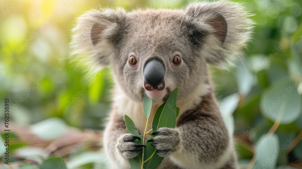 Fototapeta premium Koala Holding Leaf in Mouth