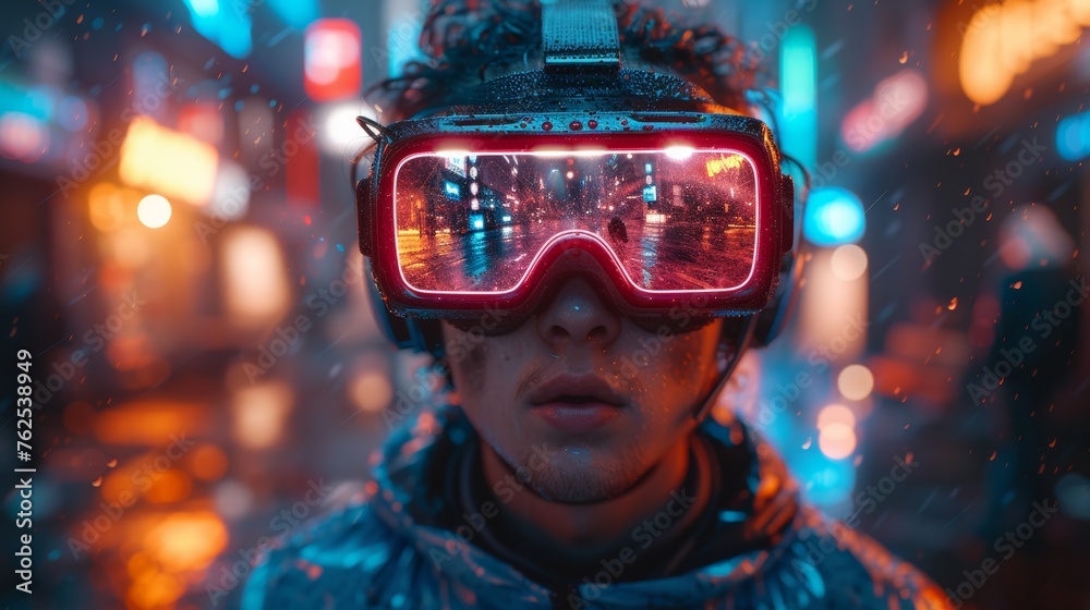 Young Man Wearing Virtual Reality Headset on a Busy City Night Street Young Man Wearing Virtual Reality Headset on a Busy City Night Street