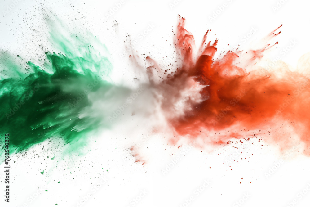 Freeze motion of colored powder explosion of green, red and white colors. Flag of Italy concept. Colored dust on white background.