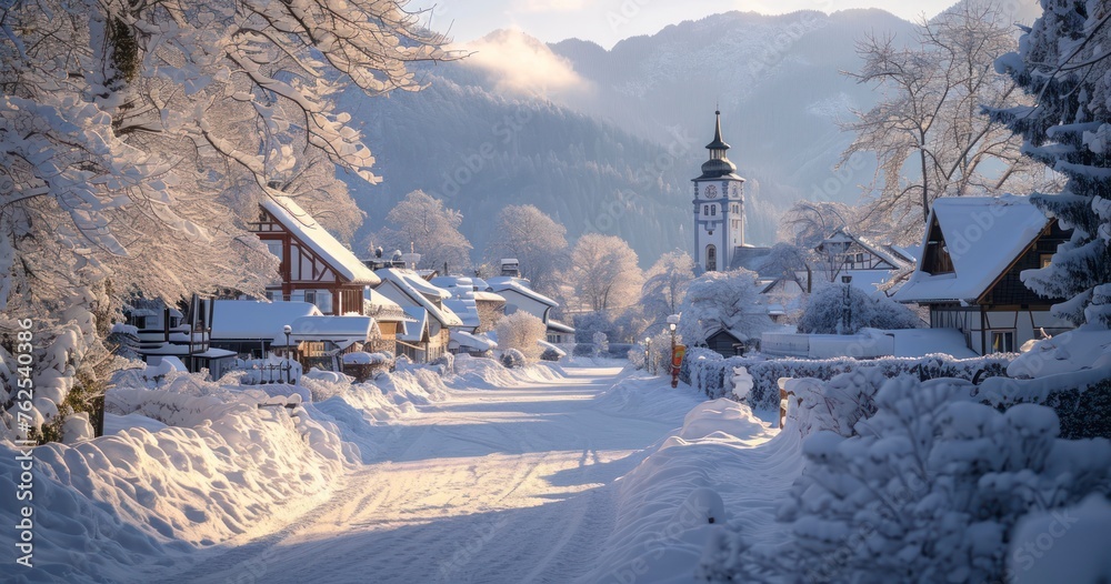 The Majestic Wintertime Scenery of a Small Village Adorned with Snow