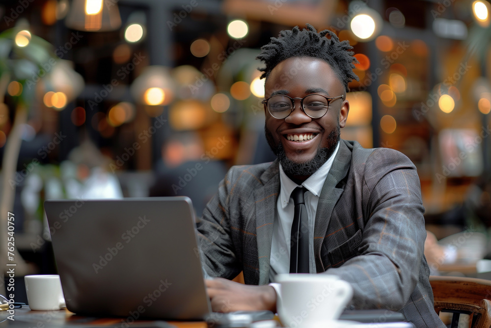Happy businessman using laptop and having coffee at loft office