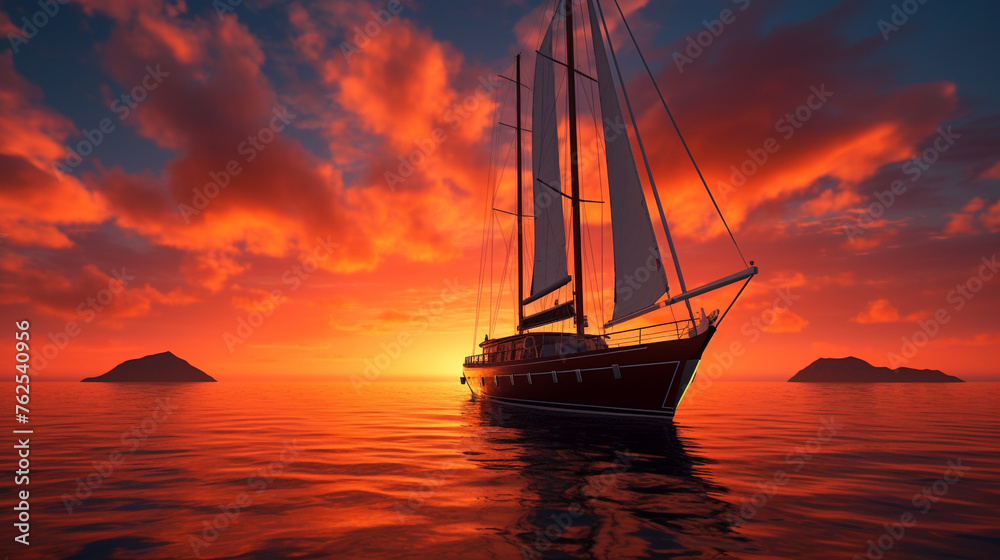 A luxurious privately-owned yacht sailing on the open sea at sunset, with a backdrop of a fiery sky reflecting off the water's surface.