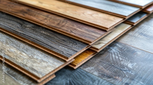 Close-up shot of a variety of laminate flooring samples, showcasing different wood textures and patterns for interior design projects