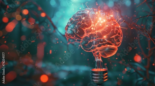Human brain fused with a glowing light bulb #762541177