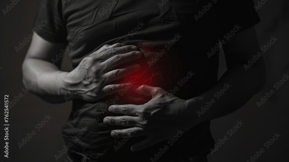 Man holding his stomach with liver in hand and area highlighted in red - obrazy, fototapety, plakaty 