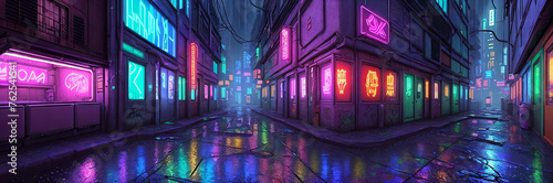 In a cyberpunk alley, neon signs cast a gritty glow on holographic graffiti, rain-soaked pavement glistens.