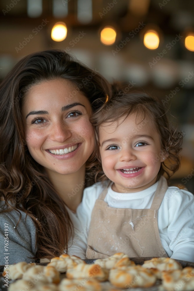 A woman holding a child while standing in front of a plate of food A woman holding a child while standing in front of a plate of food