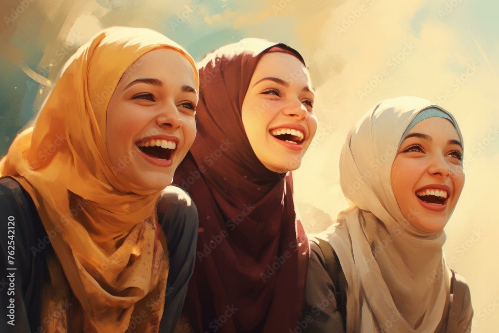 Radiant Selfie of happy muslim woman group. Cheerful portrait of smiling person at street. Generate Ai Radiant Selfie of happy muslim woman group. Cheerful portrait of smiling person at street. Generate Ai