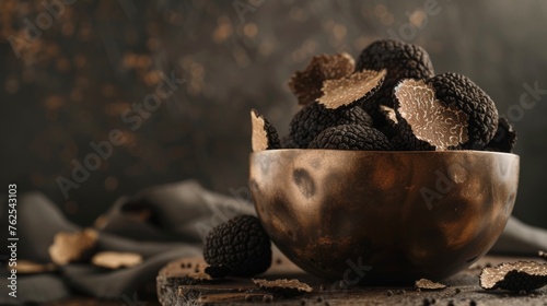 Fresh Black Truffles in a Rustic Metal Bowl on a Wooden Surface © Denys