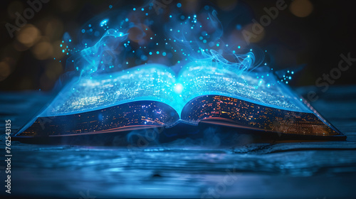 Electronic e book reading for study new skills, development of imagination, opened blue neon glowing e book with symbols, paperless book reading concept. Generative Ai