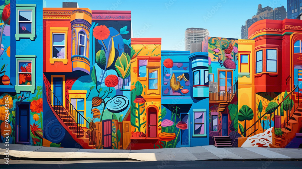 Explore the streets adorned with intricate designs and bold colors of a city wall mural.
