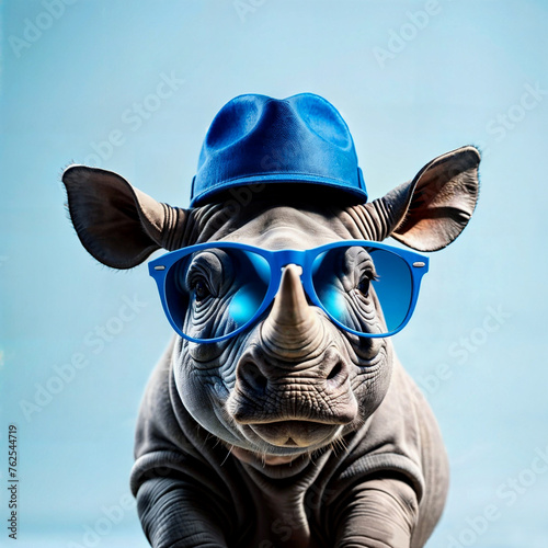 Portrait of rhinoceros wearing sunglasses and blue hat