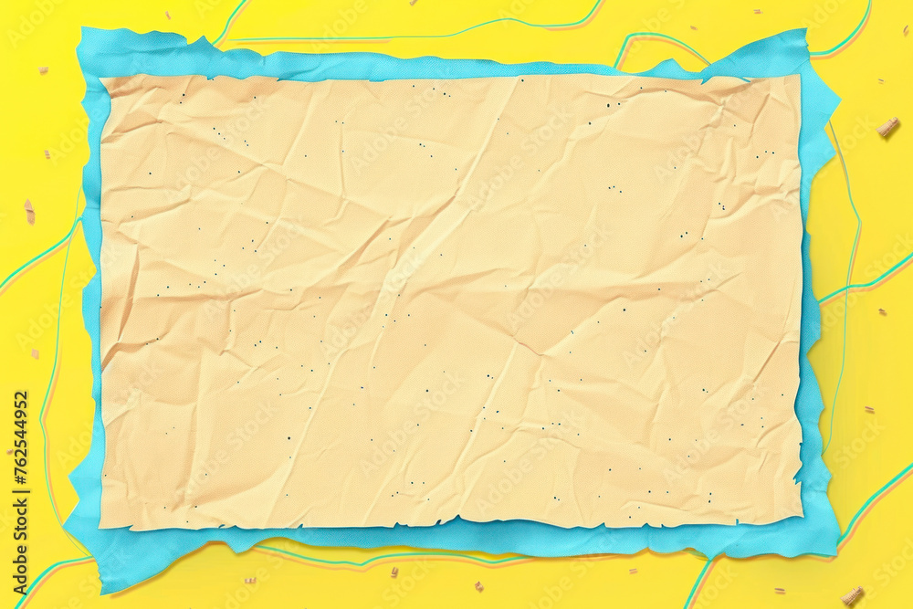 A piece of beige colored paper and a blue line frame within yellow colored background.