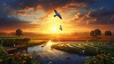 Field of vegetables with flying bird and beautiful sunset view.