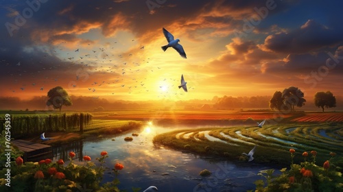 Field of vegetables with flying bird and beautiful sunset view. photo