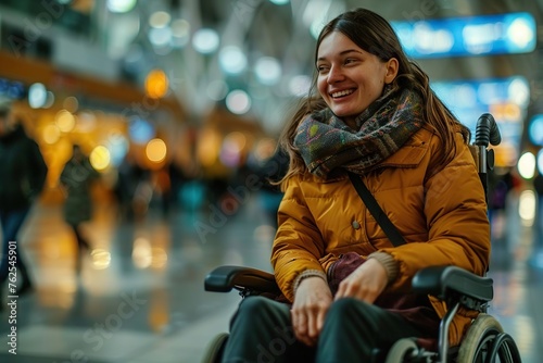 Embracing the Journey A Resilient Woman with a Disability, Radiating Happiness at an Airport, Eagerly Awaiting Her Next Adventure © photobuay