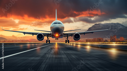 A passenger plane making a smooth landing in HDR, capturing the precision and skill of the pilot against a dynamic airport backdrop.