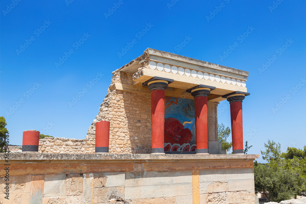 Fragments of the Knossos Palace recreated by english archaeologist Evans from the ruins. Heraklion, Crete, Greece