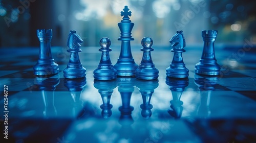 Blue Chess Set on Black and White Chess Board
