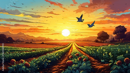 Field of vegetables with flying bird and beautiful sunset view. photo