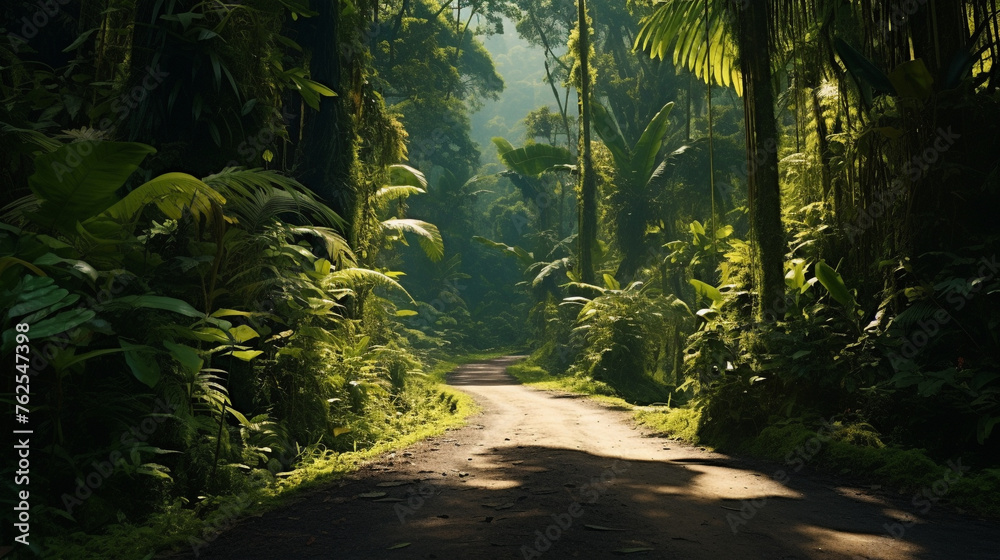 A road in a dense, tropical jungle, with lush vegetation, exotic plants, and the sounds of wildlife all around. A road in a dense, tropical jungle, with lush vegetation, exotic plants, and the sounds of wildlife all around.