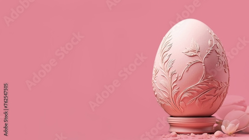 Easter egg with a carved floral pattern on pink background with copy space. Easter card concept.