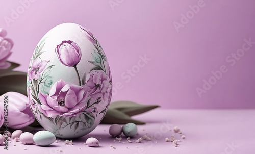 Easter egg with floral pattern. Easter card or background with copy space.