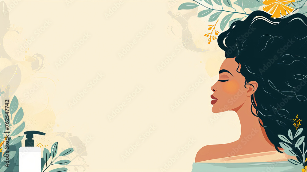 Side profile of woman with natural hair and botanical elements on beige background. Digital illustration with space for text. Wellness and beauty concept design for spa, beauty salon