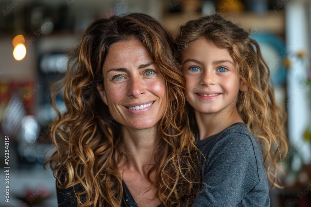 A woman and a young girl are smiling and posing for a picture A woman and a young girl are smiling and posing for a picture