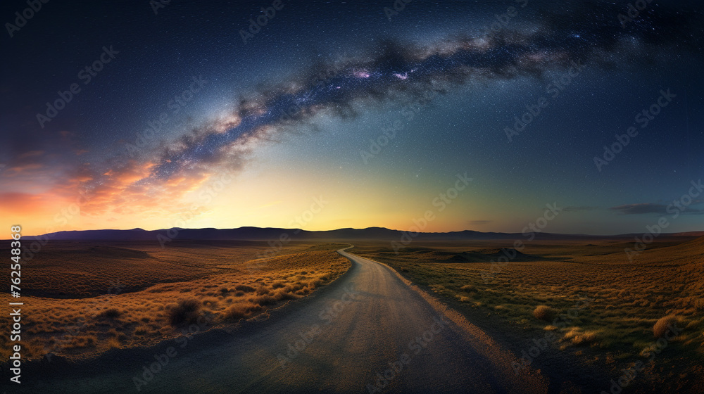 A road under a starry night sky, with the Milky Way visible above, adding a touch of wonder and awe to the landscape.