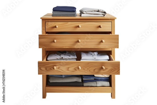 Chest of drawers with pulled out drawers with clothes isolated on a white or transparent background. Wooden chest of drawers for storing clothes close-up, front view. © AGSOL