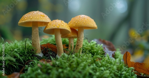 Earthy Elegance - The Natural Symbiosis of Brown Mushrooms, Green Moss, and Autumn's Forest Floor