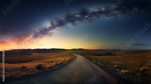 A road under a starry night sky  with the Milky Way visible above  adding a touch of wonder and awe to the landscape.