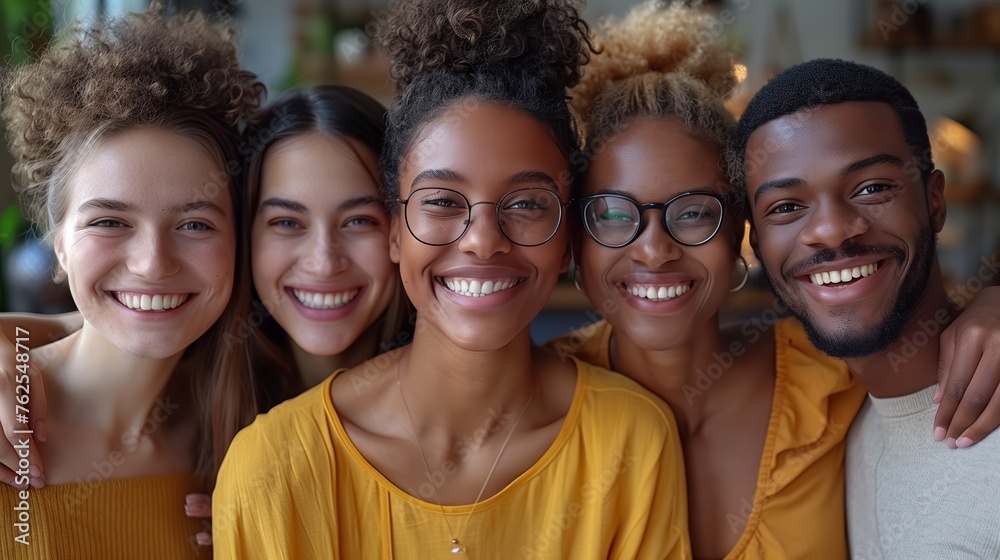 Fototapeta premium Diverse group of happy friends smiling together, multicultural young people hugging in a close-up portrait, unity and friendship concept