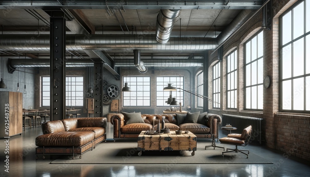 industrial style living room with no people, capturing the essence of an urban loft. The space features a high ceiling with exposed beams
