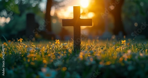 The Serene Silhouette of a Christian Cross Against the Glowing Backdrop of Sunrise photo